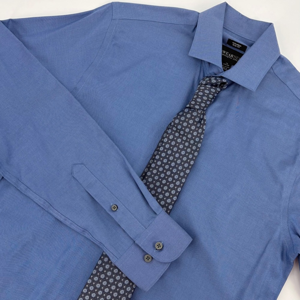 Awearness Kenneth Cole Dress Shirt Men‎ 15 34/35 Slim Fit Blue Non-Iron Silk Tie